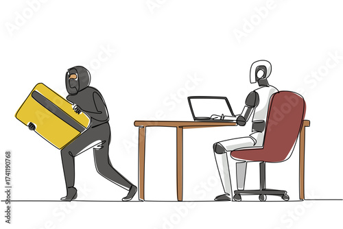 Single continuous line drawing robots type on laptops and masked thieves take credit cards. Intelligence system penetrated. National Senior Fraud Awareness Day. One line design vector illustration