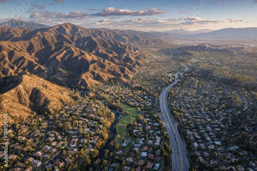 Late Afternoon Aerial Shot of Ventura 101 Freeway Overlooking Encinoâ€™s Urban Residential Landscape in San Fernando Valley, Los Angeles, California