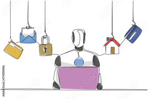 Single continuous line drawing robot typing on laptop and 5 important icons. Intelligence to secure multiple accounts. Secure. National Senior Fraud Awareness Day. One line design vector illustration