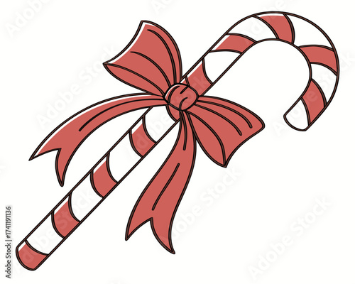 Candy cane with red bow, holiday sweet element, isolated on white background