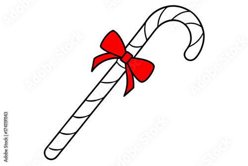 line art Candy cane with red bow, holiday sweet element, isolated on white background