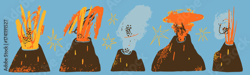 Various Volcano set. Volcano eruption, smoke, ash, lava, magma splash. Abstract cartoon trendy style. Hand drawn modern Vector illustration. Isolated design elements. Seismic activity, geology concept