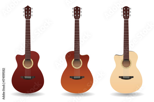 Acoustic guitar, vector set.  Vector 3d Realistic Classic Acoustic Sunbird, Brown Wooden Guitar Icon. Guitars vector, isolated on white background. Acoustic guitar for music concept design.