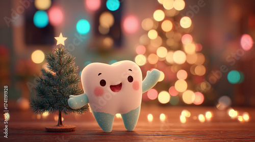 Cute 3D tooth character celebrating Christmas with small decorated tree, perfect for dental holiday campaigns, greeting cards, and kids content