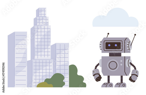 Robot with antennae positioned next to towering cityscape buildings, a cloud, and greenery. Ideal for technology, automation, future city, AI, innovation, sustainability simple flat metaphor