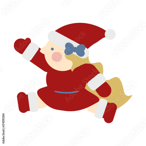 腕を上げてジャンプするかわいい女の子のサンタクロース