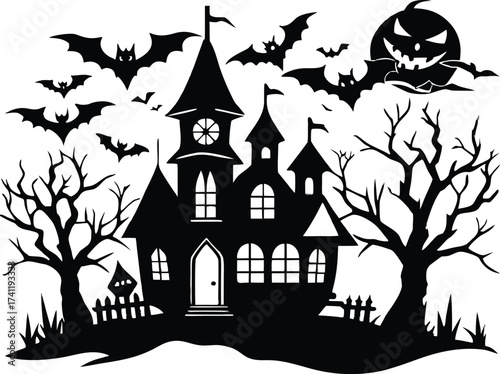Halloween halloween silhouette illustration featuring a haunted house, bats flying around, a scary pumpkin moon, and bare trees in black and white