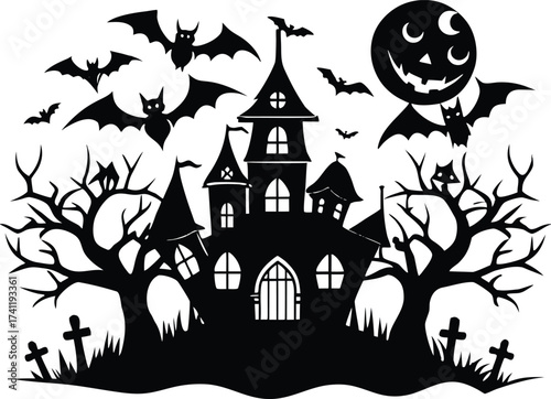 Halloween halloween silhouette illustration featuring a haunted house, bats flying around, a scary pumpkin moon, and bare trees with graves