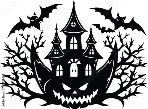 Halloween spooky haunted house silhouette with bats and gnarled trees, creating a chilling halloween scene