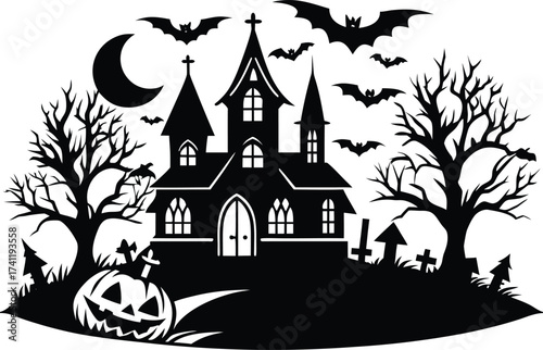 Halloween eerie halloween night scene featuring a haunted house, bats, pumpkins, and tombstones in black silhouette for a spooky atmosphere