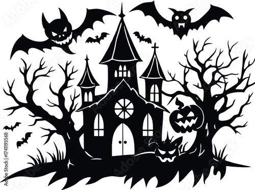 Halloween spooky halloween night scene with haunted house, bats, and pumpkins in black silhouette for a festive and eerie atmosphere