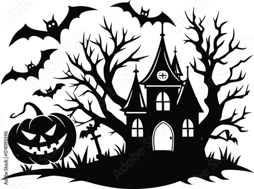 Halloween spooky halloween scene with haunted house, bats, and pumpkin in black silhouette for a festive and eerie atmosphere