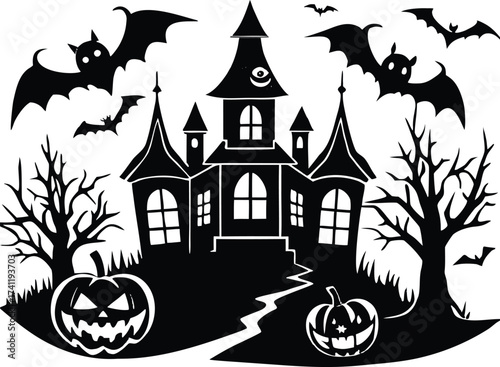 Halloween spooky halloween night scene featuring a haunted house, pumpkins, bats, and bare trees in a black and white vector illustration