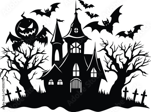 Halloween eerie haunted house silhouette with bats and a scary pumpkin, ideal for halloweenthemed designs and spooky decorations