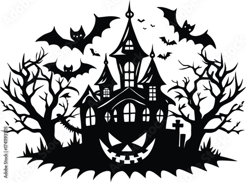 Halloween creepy halloween silhouette illustration featuring a haunted house, bats, bare trees, and a pumpkin creating a scary atmosphere