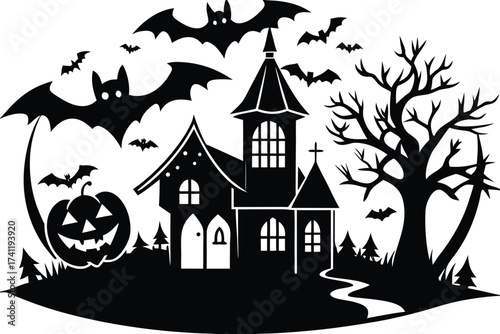 Halloween eerie halloween silhouette illustration featuring a haunted house, bats, bare tree, and a pumpkin creating a spooky and mysterious vibe