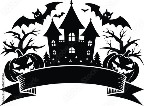 Halloween halloween night scene featuring a spooky castle, bats, bare trees, pumpkins, and a blank banner for custom text or messages