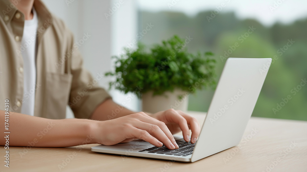 Fototapeta premium Hands typing on a laptop with carbon tech reports, digital innovation in environmental data, technology advancement in reduction strategies, smart solutions for sustainability