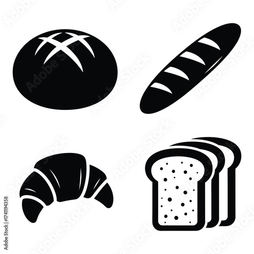 Icon set featuring freshly baked bread pastries and sliced bread for food and bakery themes silhouette
