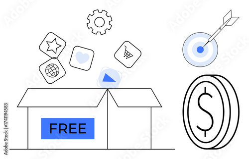 Open box labeled FREE releasing apps, gear, and icons. Nearby dollar coin and target emphasize value, goals. Ideal for tech, goals, economy business finance strategy offering. A simple flat