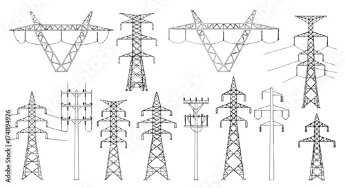 Vector illustration of collection of power line tower illustrations, depicting electricity transmission infrastructure in various styles and configurations