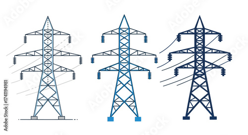 Vector illustration of illustration of three power line towers in different styles, showcasing electricity transmission and industrial infrastructure