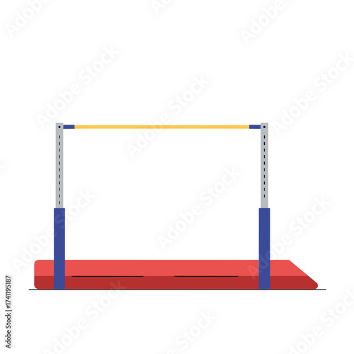 Pole vaulting equipment on red mat with yellow bar supports  