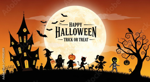 Halloween moon silhouette haunted house witch pumpkin bat skeleton tree children Halloween moon silhouette with haunted house witch pumpkin bat skeleton tree and children costumes creating spooky