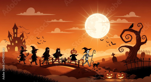 Children costume Halloween pumpkin moon night spooky haunted silhouette bridge Children costume walk across bridge full moon carrying pumpkins with haunted house and spooky tree background