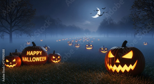 Glowing jack o lantern spooky pumpkin Halloween night moonlit field bats flying eerie atmosphere autumn trees misty landscape festive celebration outdoor scene