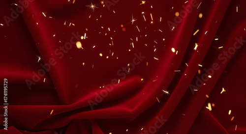 Luxurious Red Velvet Background with Golden Glitter Particles. Elegant Festive Textile Drapes for Celebrations or Special Occasion Designs.