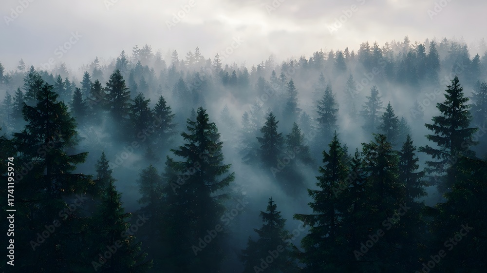 Obraz premium A tranquil misty forest scene featuring tall evergreen trees bathed in soft morning light