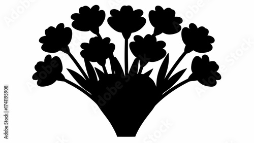 Silhouette illustration of a bouquet of flowers in a vase with leaves and stems in black and white style