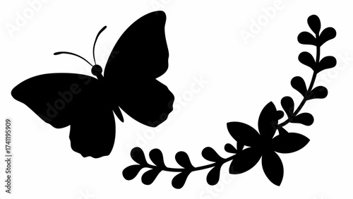 Silhouette of a butterfly with antennae near a floral branch with leaves and a flower design element