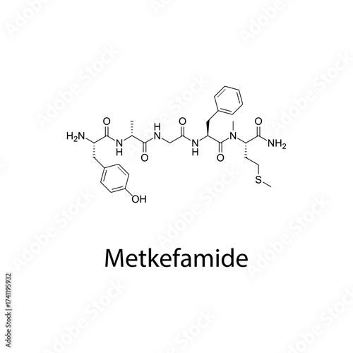 Metkefamide molecular structure, synthetic opioid peptide analgesic with prolonged activity, clean scientific vector diagram, flat skeletal chemical formula isolated on white background