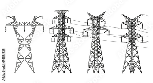 Vector illustration of four different power line towers, each with unique designs and configurations for electricity transmission and distribution