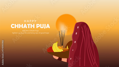 Illustration of Woman Offering Prayers with Puja Thali During Chhath Puja