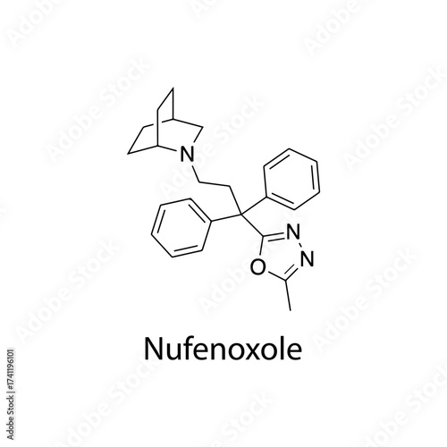 Nufenoxole molecular structure, peripherally acting opioid antidiarrheal drug for diarrhea treatment, clean scientific vector diagram, flat skeletal chemical formula isolated on white background