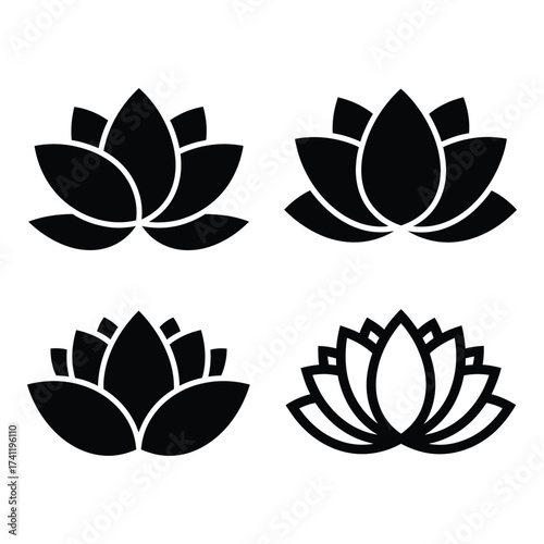 Set of four stylized lotus flower icons representing purity serenity and spiritual growth for diverse applications silhouette