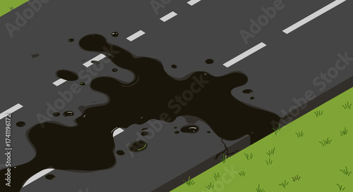 Oil leak on pavement with black liquid on asphalt road surface  