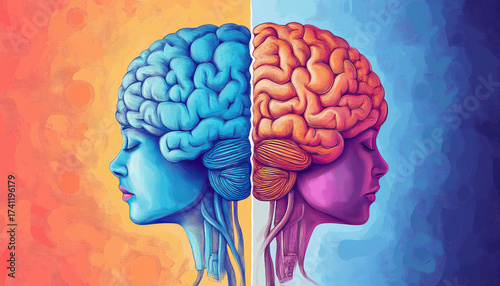 image illustrates creative representation of human brain, divided into two contrasting halves, vibrant colors and intricate details. left side features blue brain, while right side