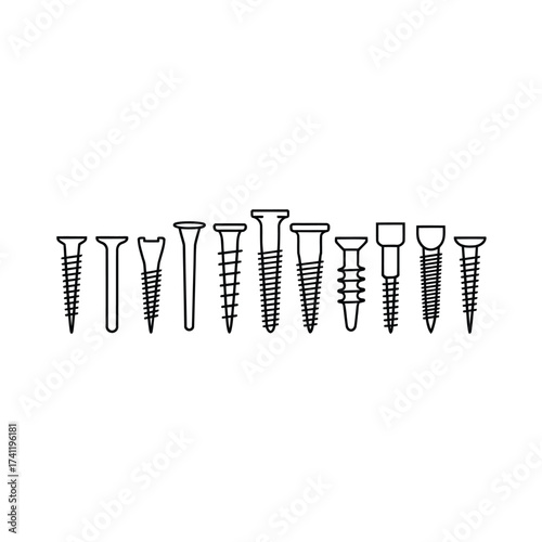 Collection of various types of screws and fasteners illustration
