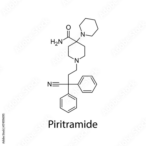 Piritramide molecular structure, synthetic opioid analgesic drug used for moderate to severe pain relief, clean scientific vector diagram, flat skeletal chemical formula isolated on white background