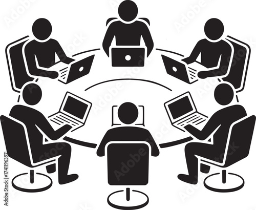 Business Meeting and Collaboration: Team Working on Laptops Around a Circular Table