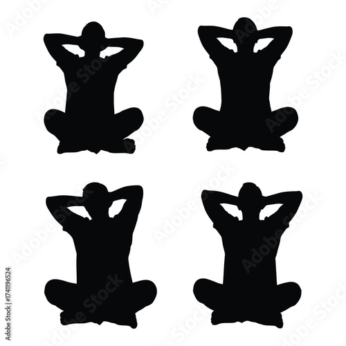 Four black silhouettes of a person meditating in a lotus pose silhouette