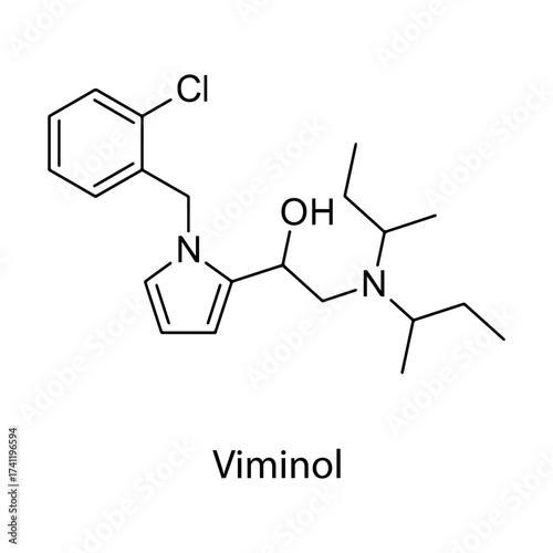 Viminol molecular structure, atypical synthetic opioid analgesic drug historically used for pain relief, clean scientific vector diagram, flat skeletal chemical formula isolated on white background