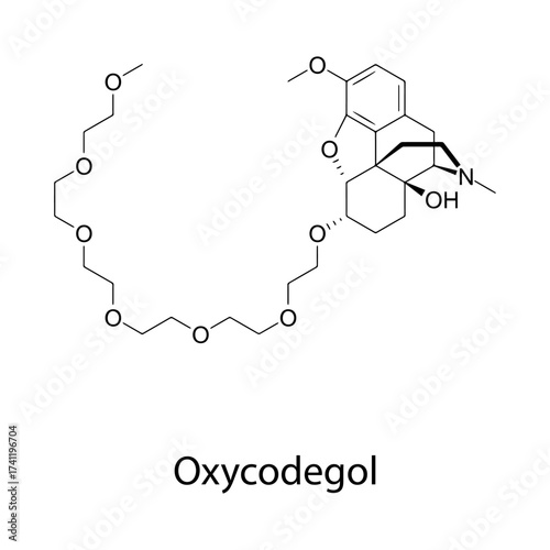 Oxycodegol molecular structure, novel ?-opioid receptor partial agonist analgesic drug for chronic pain, clean scientific vector diagram, flat skeletal chemical formula isolated on white background