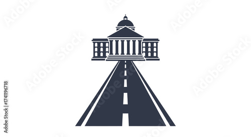 Minimalist Flat Government Building with Leading Road Directional Symbol Graphic