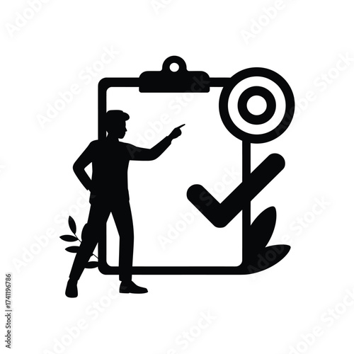 Person pointing at checklist with checkmark and target icon
