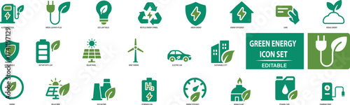 Green Energy Icon Set featuring solar power, wind energy, electric car, eco battery, and renewable resources. Perfect for sustainability, clean energy, and environmental projects..